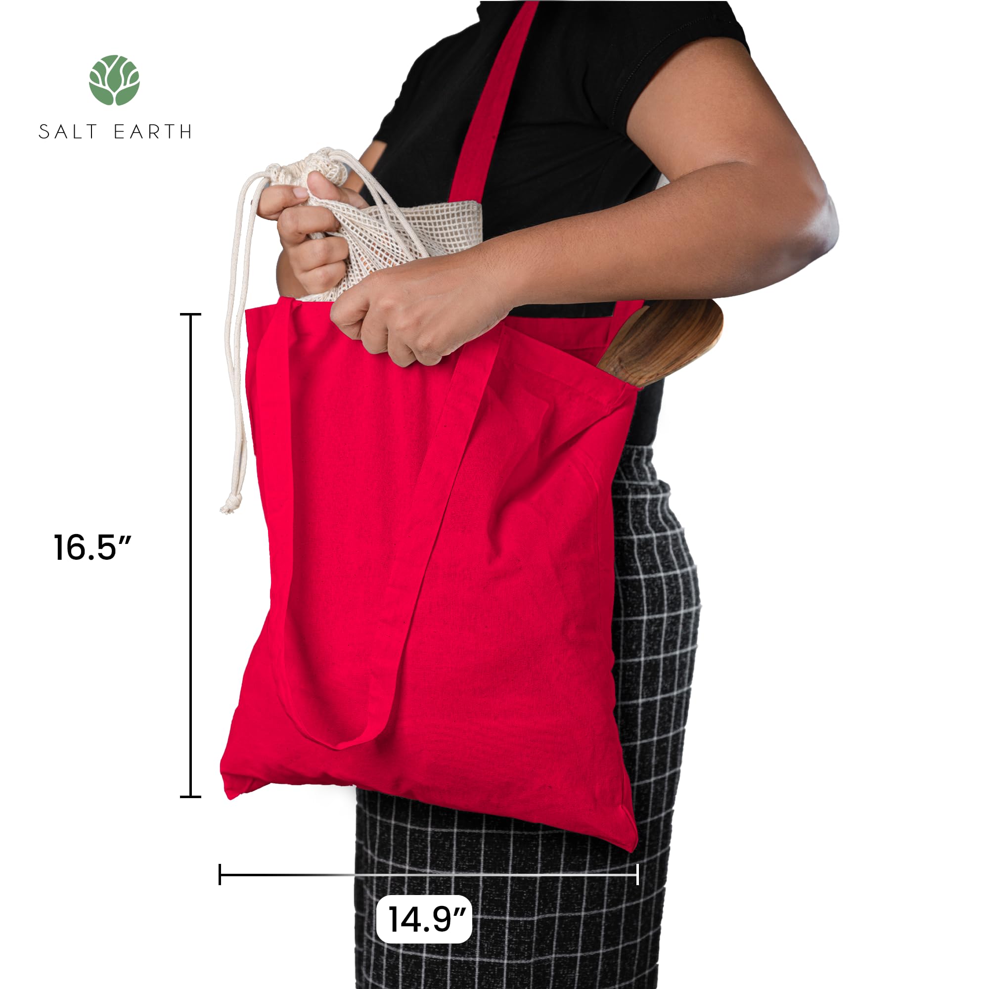 Salt Earth Pack of 5 | 6 | 12 | 24 | 48 - 100% Cotton Reusable Tote Bags - Bulk Grocery, Shopping, DIY, Beach & Gift Use (Red)