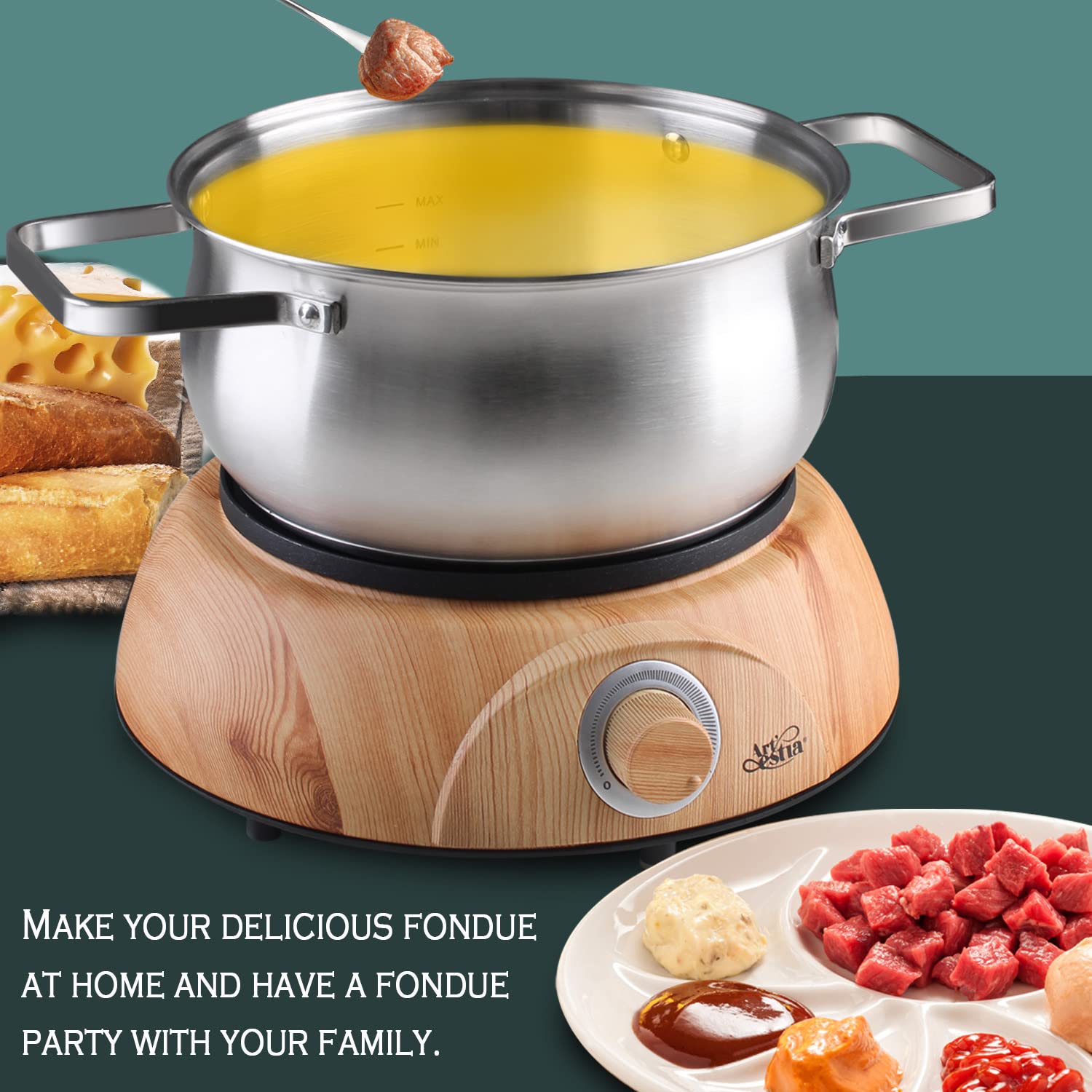Artestia Electric Fondue Pot Set For Melting Chocolate Cheese, 1500W Cheese Fondue Pot Sets With Temperature Control For Meat Fo