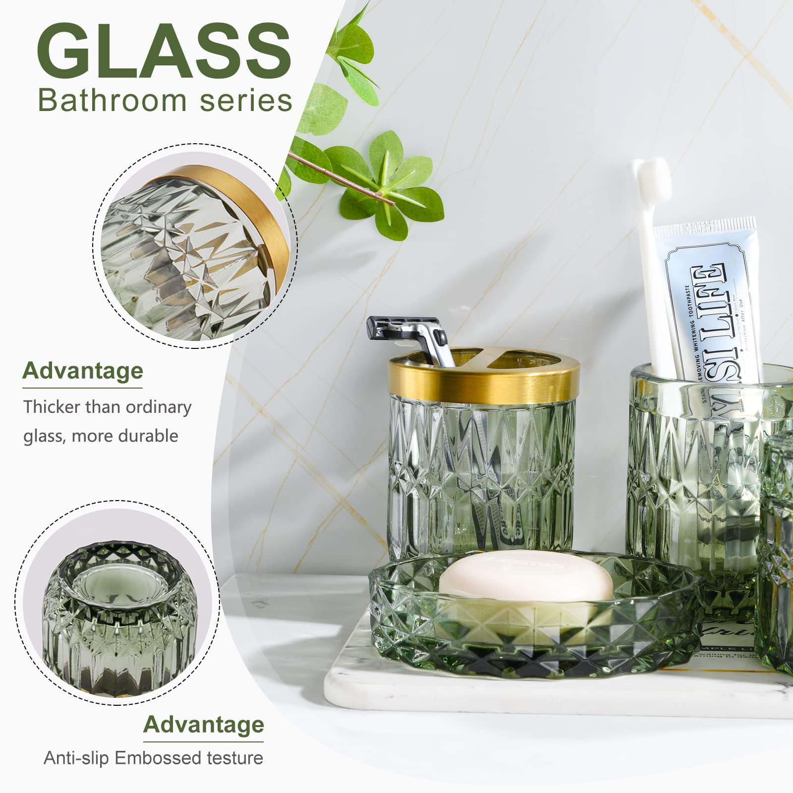 Lamarriti Green Bathroom Accessories Set, 5Pcs Clear Glass Bathroom Accessories, Vanity Bathroom Decor, Hand Soap Dispenser, Soa
