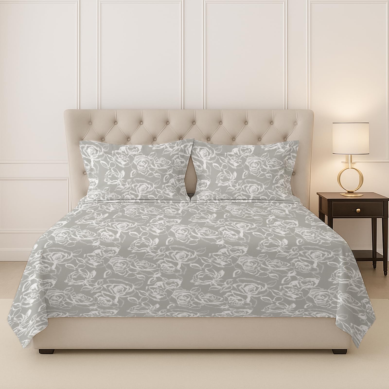 Pizuna 100% Cotton Bedsheet Super King Size With 2 Pillow Covers, 400 Thread Count Long Staple Cotton, Floral Pattern Flat Bed S