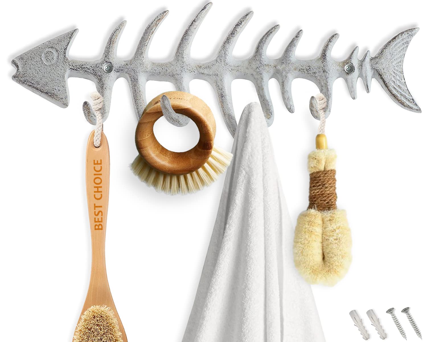 Comfify Decorative Fish Bones Wall Mounted Towel Rack Stylish Cast Iron Hanger W/ 4 Fish    Hooks | Includes Screws And Anchors