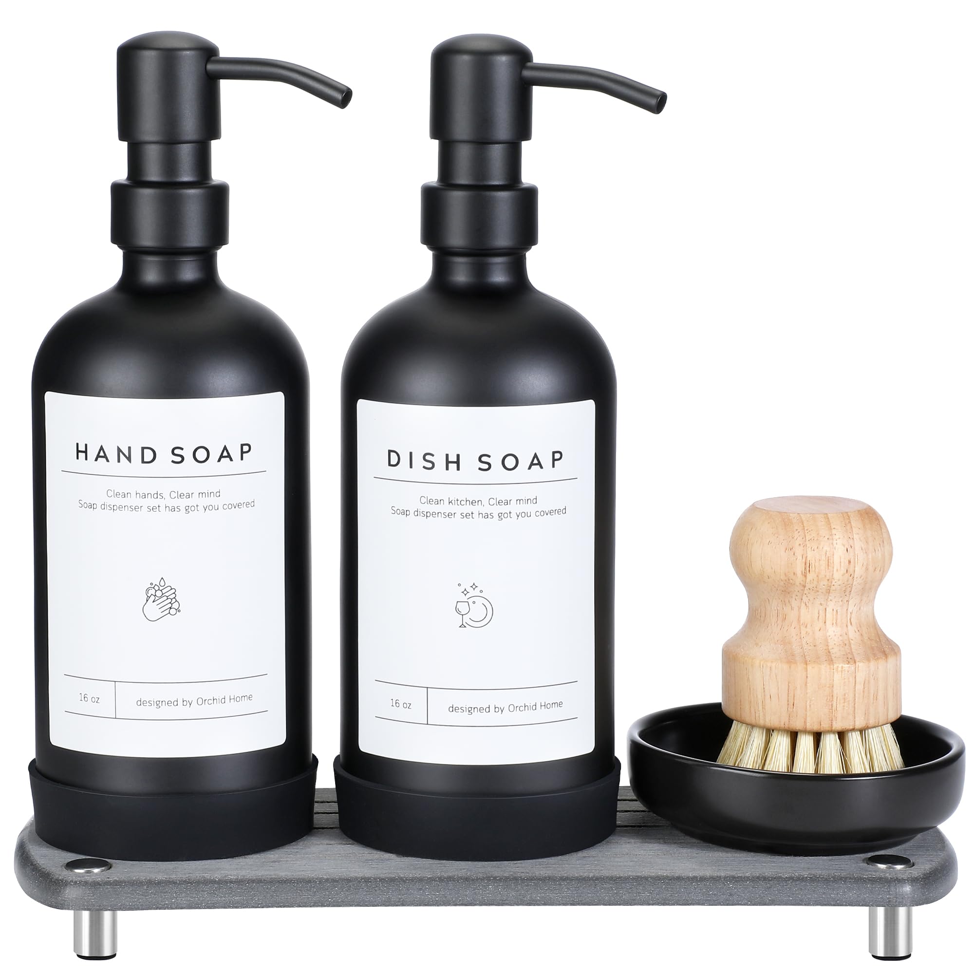 [Luxury] Kitchen Soap Dispenser Set - 16Oz Black Glass Bottle, Stainless Steel Pump, Instant Dry Tray, Waterproof Labels, Non-Sl