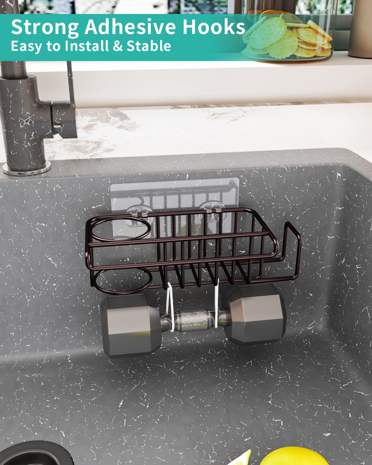 Hapirm 4 In 1 Adhesive Kitchen Sink Organizer, Sus304 Stainless Steel Brush Holder + Dish Cloth Hanger + Soap Rack + Sink Stoppe