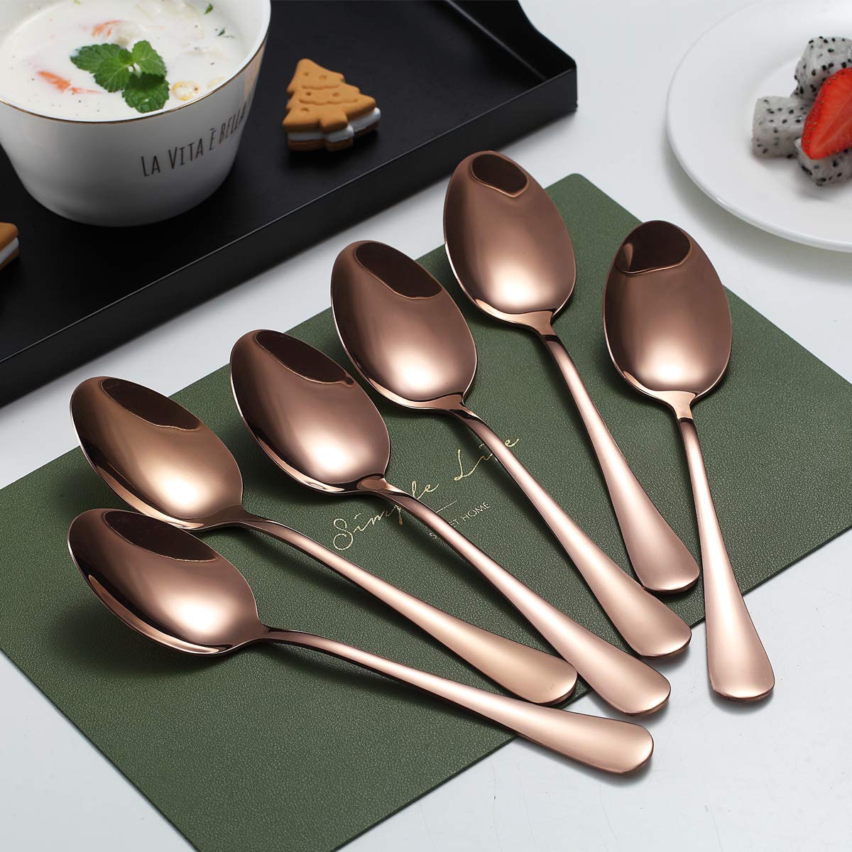 Rose Gold Dinner Spoons, Kyraton 6 Pieces 7.5'' Stainless Steel Table Spoon With Titanium Copper Plating, Rose Gold Soup Spoons,