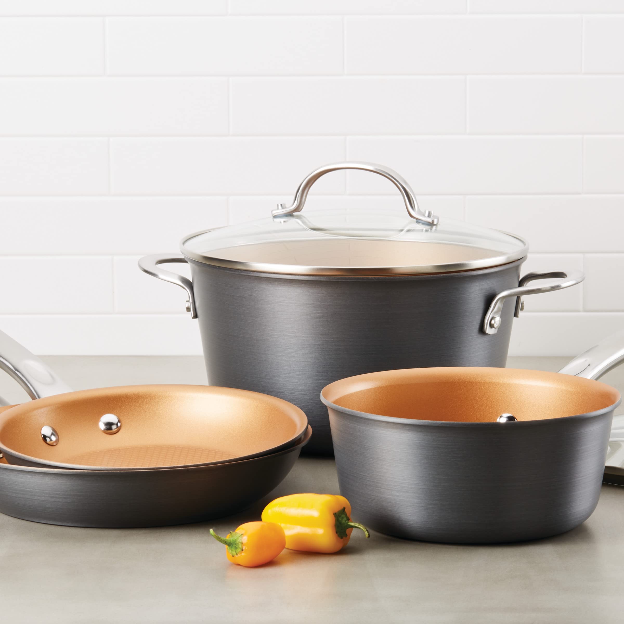Ayesha Curry Home Collection Hard Anodized Nonstick Sauce Pan/Saucepan With Lid, 4.5 Quart, Charcoal Gray