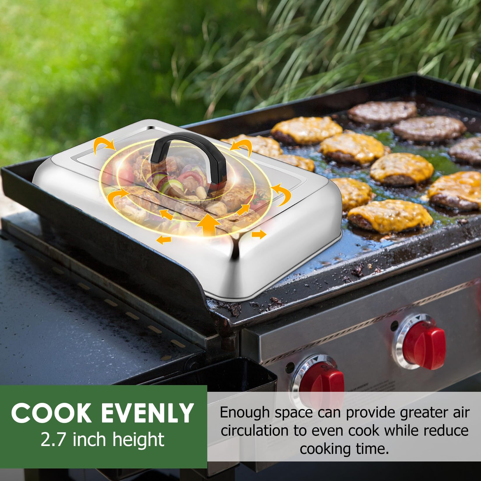 Joyfair 13 x 9 Inch Melting Basting Cover Set of 2  Stainless Steel Metal Cheese Melt Domes Rectangular for Outdoor/Indoor Flat Top Griddle  Heat-resistant Handle & Screwdriver  Dishwasher Safe
