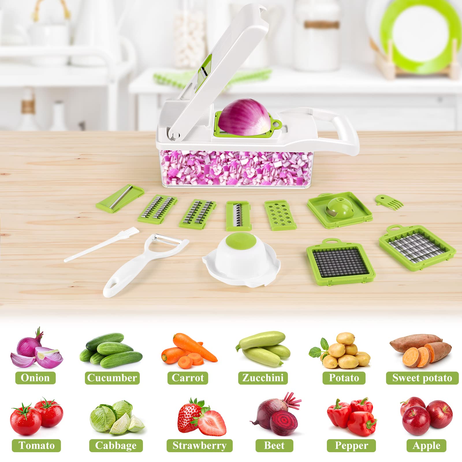Vrjiszta 13 In 1 Kitchen Vegetable Chopper Slicer Dicer, Food Chopper/Cutter, Veggie Chopper With 8 Blades, Storage Container Fo