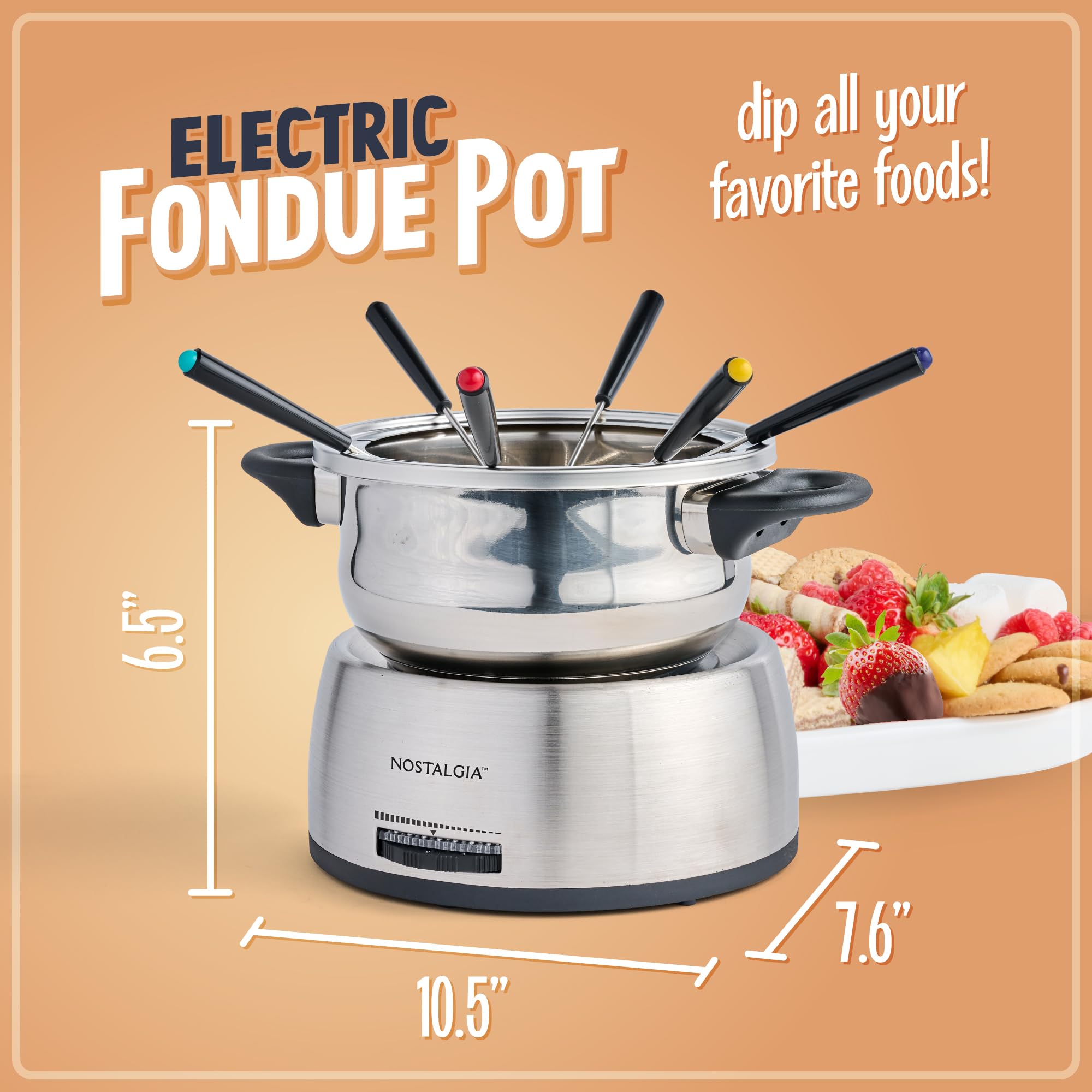 Nostalgia 6-Cup Electric Fondue Pot Set - Stainless Steel, Temperature Control, 6 Color-Coded Forks, Model FPS200