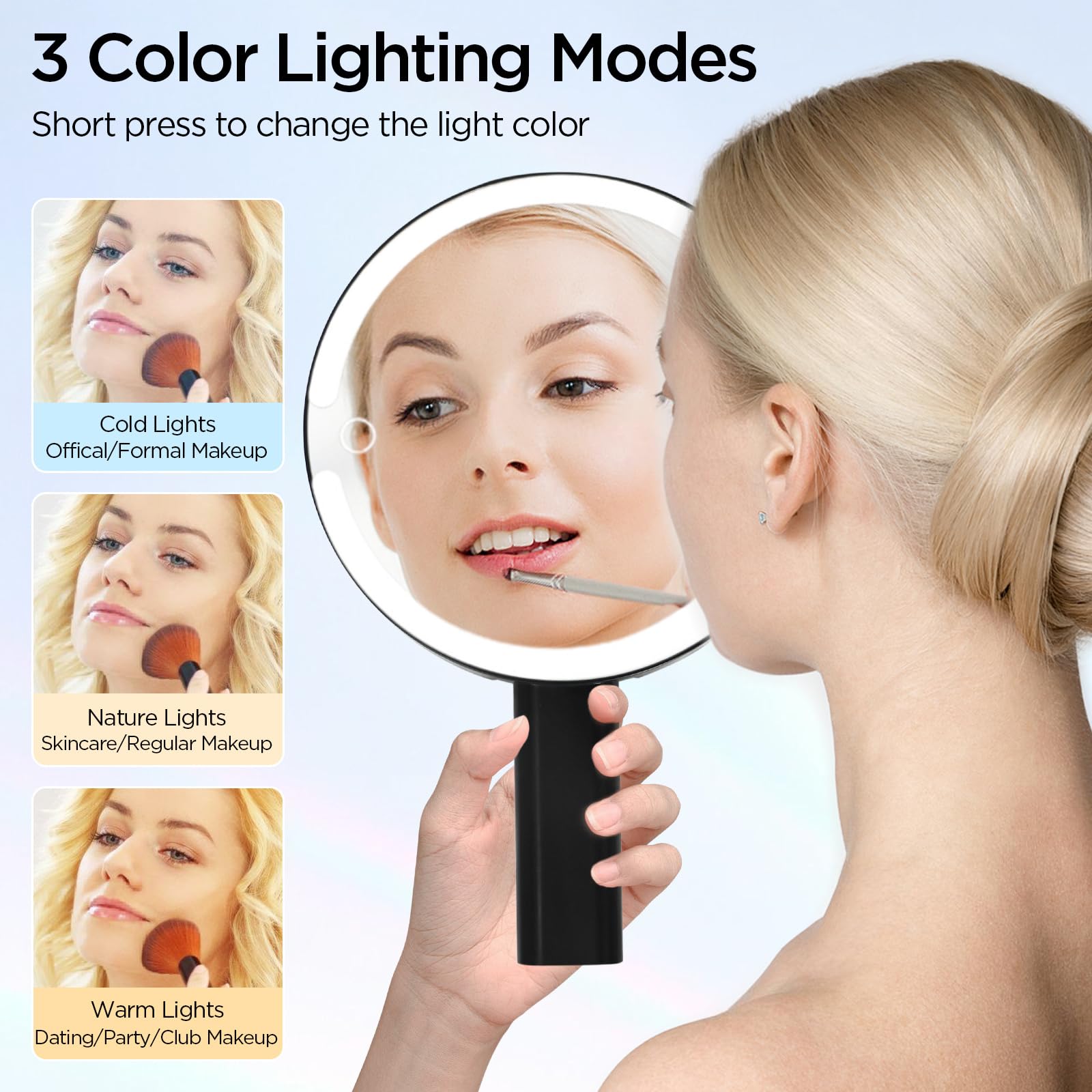 SANYCASA Makeup Mirror with Lights, Magnifying Mirror with Light and Adjustable Brightness, Hanging and Handheld Mirror with Han
