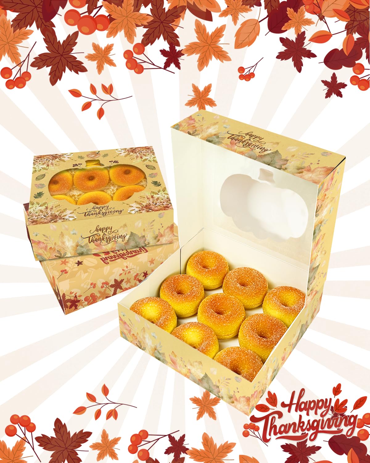 qiqee Thanksgiving Auto-pop Up 30pcs Pie Box With Window 9x9x2.5 Inch Donut Pastry Boxes Pumkin Leaves Bakery Box