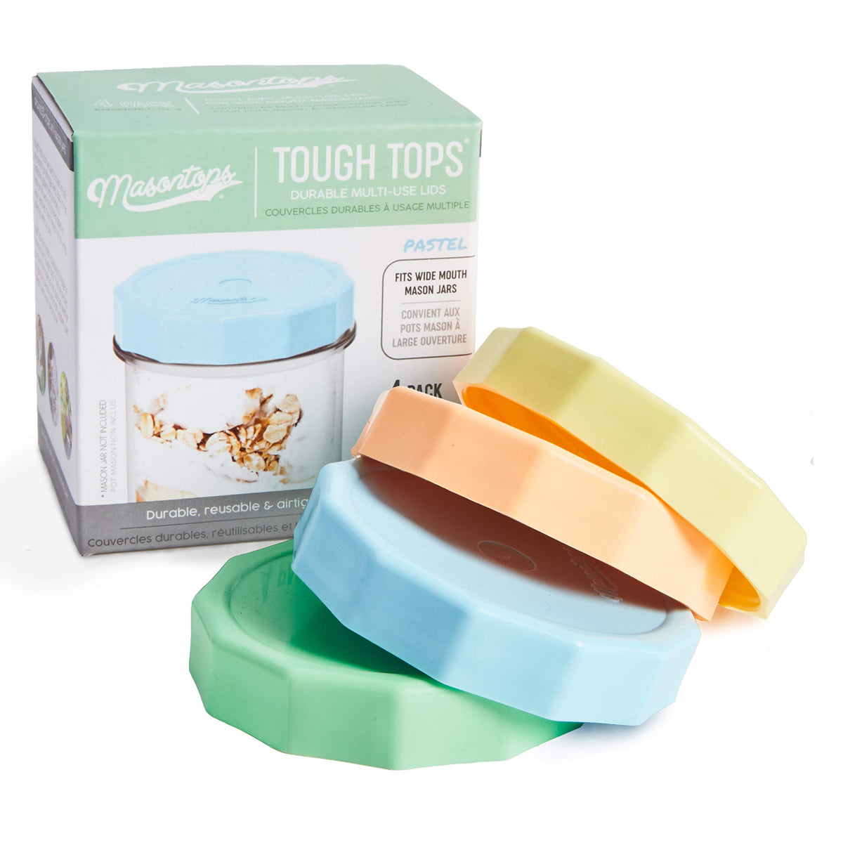 Masontops Tough Tops - Ball Wide Mouth Mason Jar Lids Plastic Leakproof - Multi Colored Plastic Mason Jar Lids - Reusable Cannin