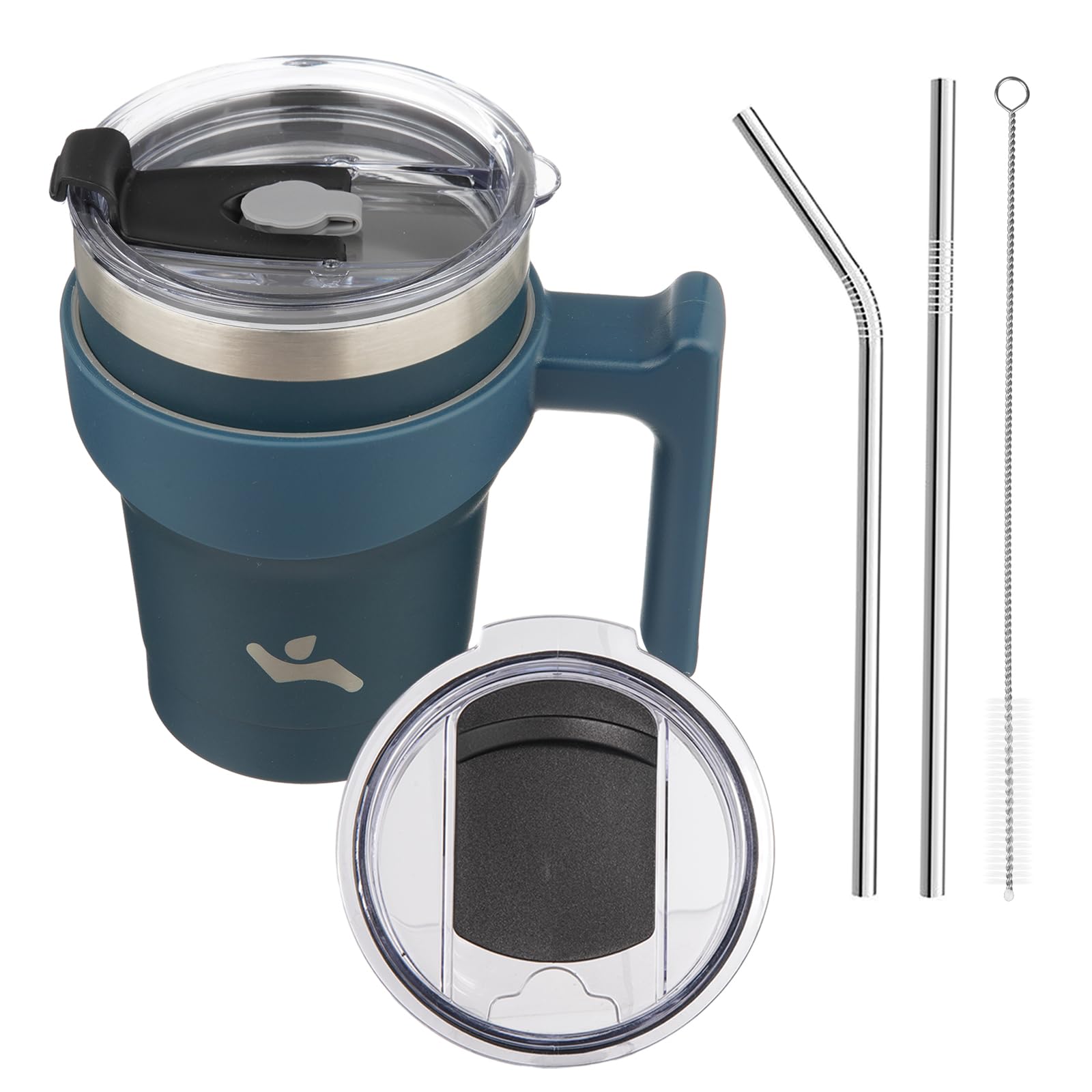 Konokyo 10 oz Tumbler with Handle and 2 Straw 2 Lid, Insulated Water Bottle Stainless Steel Vacuum Cup Reusable Travel Mug, Navy