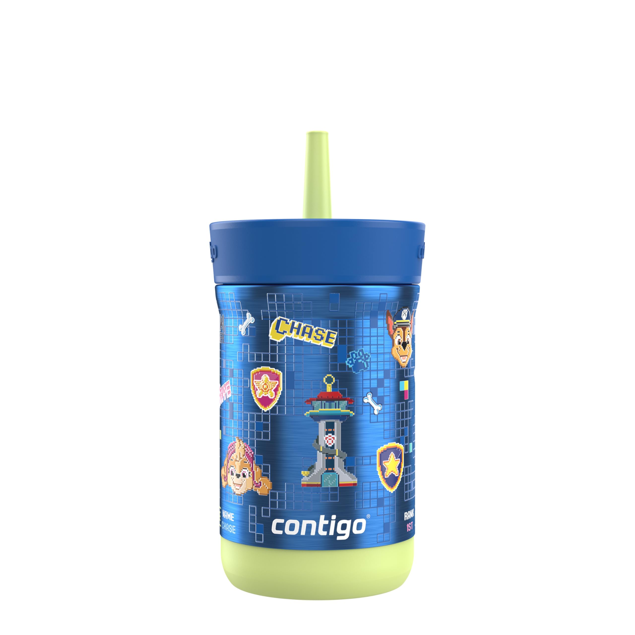 Contigo Kids Leighton Spill-Proof Stainless Steel Paw Patrol Tumbler with Straw, 12oz, Paw Patrol Power Pups, Blue/Green
