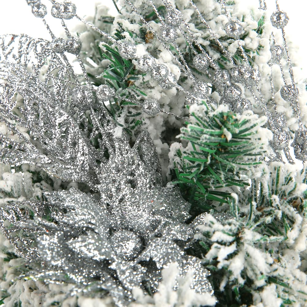 ROSELEAF 28 Pack Christmas Tree Ornaments, Artificial Glitter Berry and Flowers Stem Silver Branches Picks for Xmas Tree Decorat