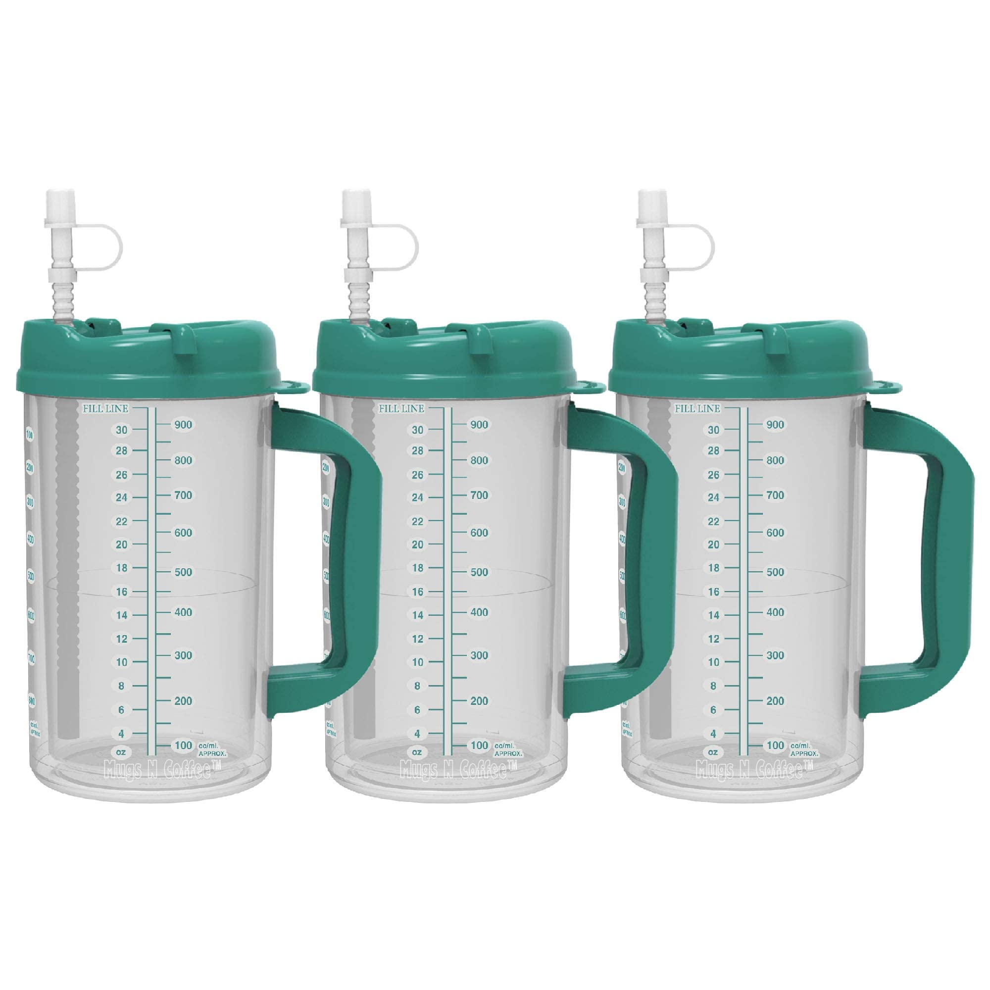 32 Oz Double Wall Insulated Hospital Mug - Cold Drink Mug - Large Carry Handle - Includes Straw (3, Teal)