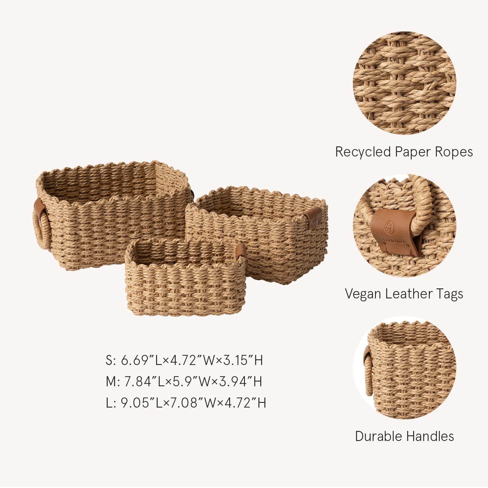 LA JOLIE MUSE Small Wicker Baskets for Organizing  Bathroom Basket with Handle  Recycled Paper Rope Storage Basket for Shelves Bathroom cupboards Drawer  Decorative Square Basket Organizer Set of 3