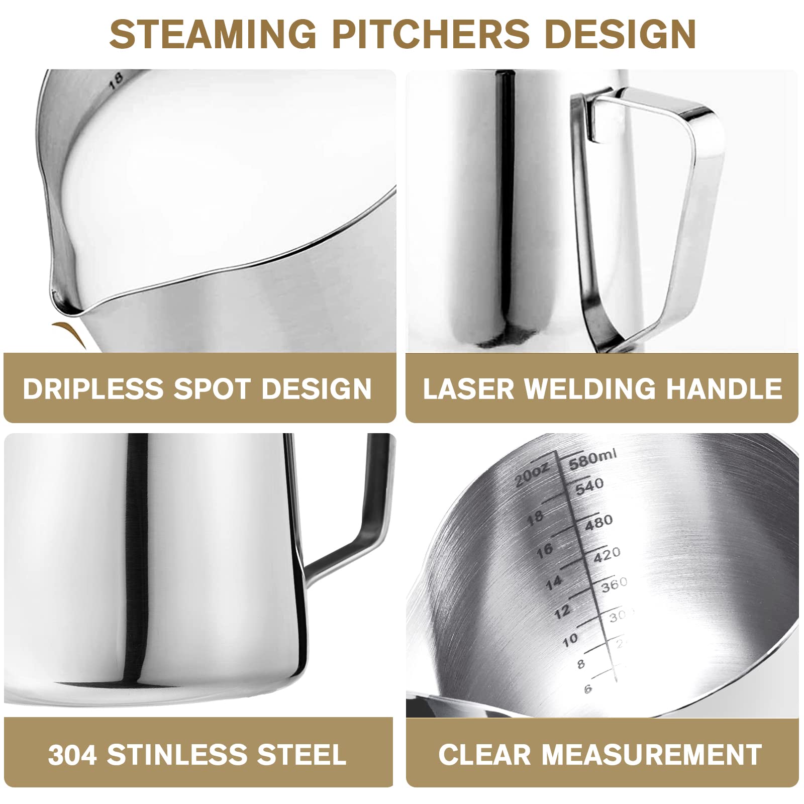 Milk Frothing Pitchers 20 Oz, Stainless Steel Espresso Steaming Pitcher With Decorating Pen Coffee Milk Frother Cup With Scale C
