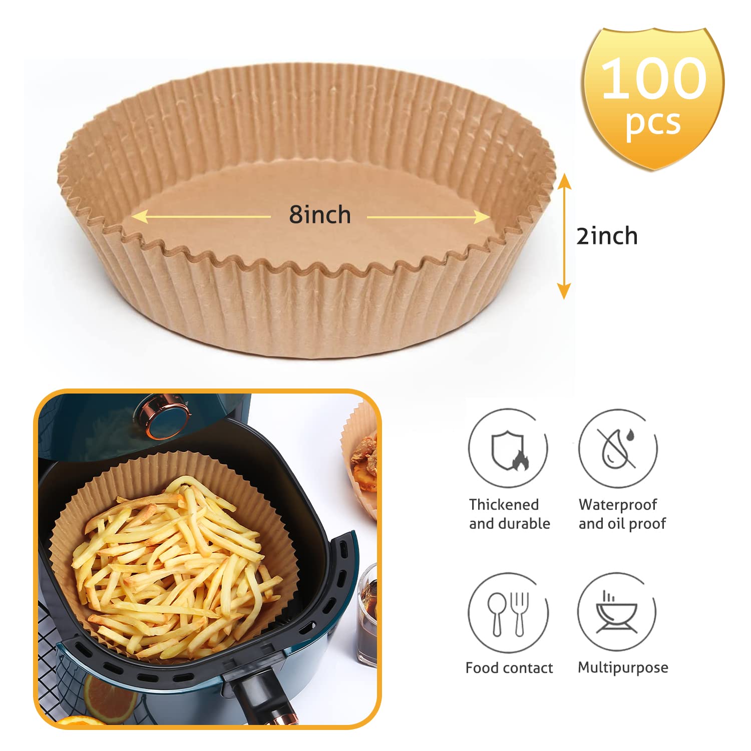 Ailun 8inch Air Fryer Disposable Paper Liners  100PCS Non-Stick Air Fryer Parchment Liner  Oil Resistant  Waterproof  Food Grade Baking Paper for 5-8 QT Air Fryer Baking Roasting Microwave