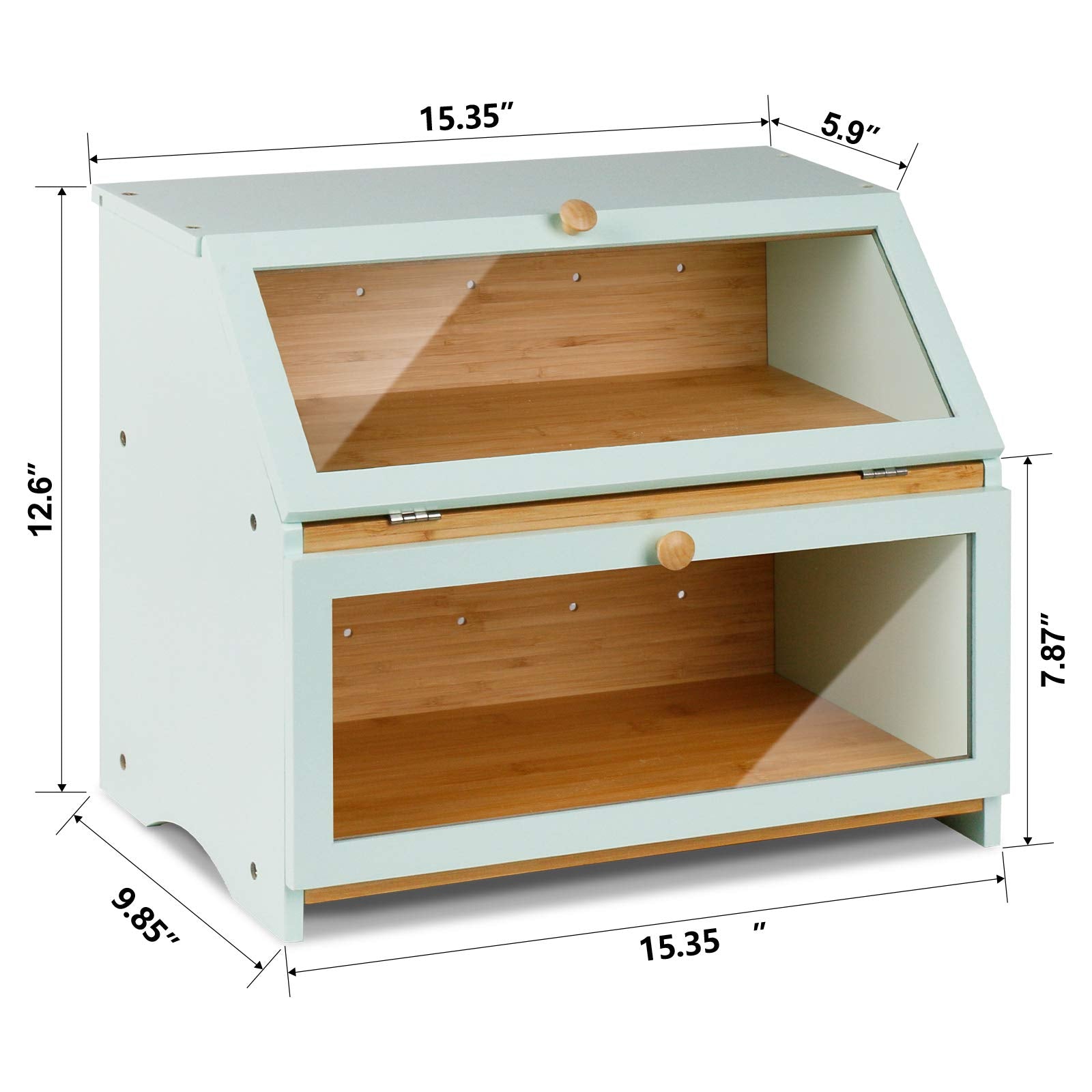 Homekoko Double Layer Large Bread Box For Kitchen Counter, Wooden Large Capacity Bread Storage Bin (Mint Green)