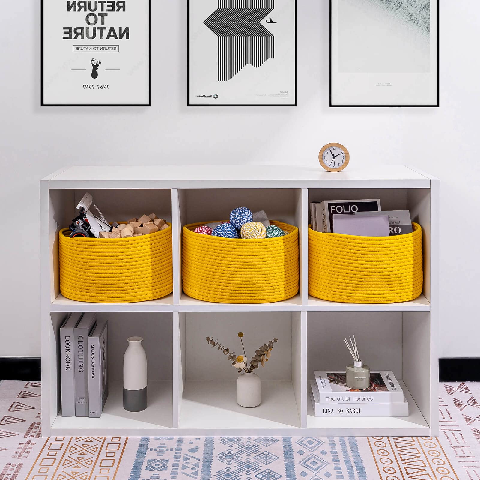 CubesLand Yellow Baskets for Shelves Storage/Organizing Cube Shelf Closet Storage Baskets Bins Set 3 Long-lasting &Skin-friendly Toy Storage Basket Bin Stylish Room Decor Basket Cotton Rope Basket