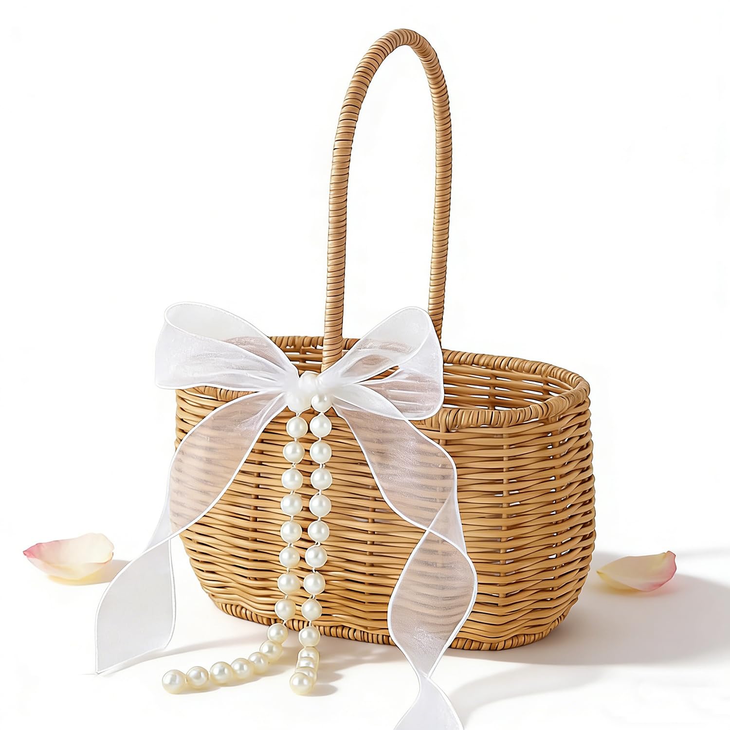 Wicker Rattan Flower Girl Basket with Bows and Pearl Wedding Flower Basket Cute Rattan Wicker Basket Wicker Storage Basket Decor