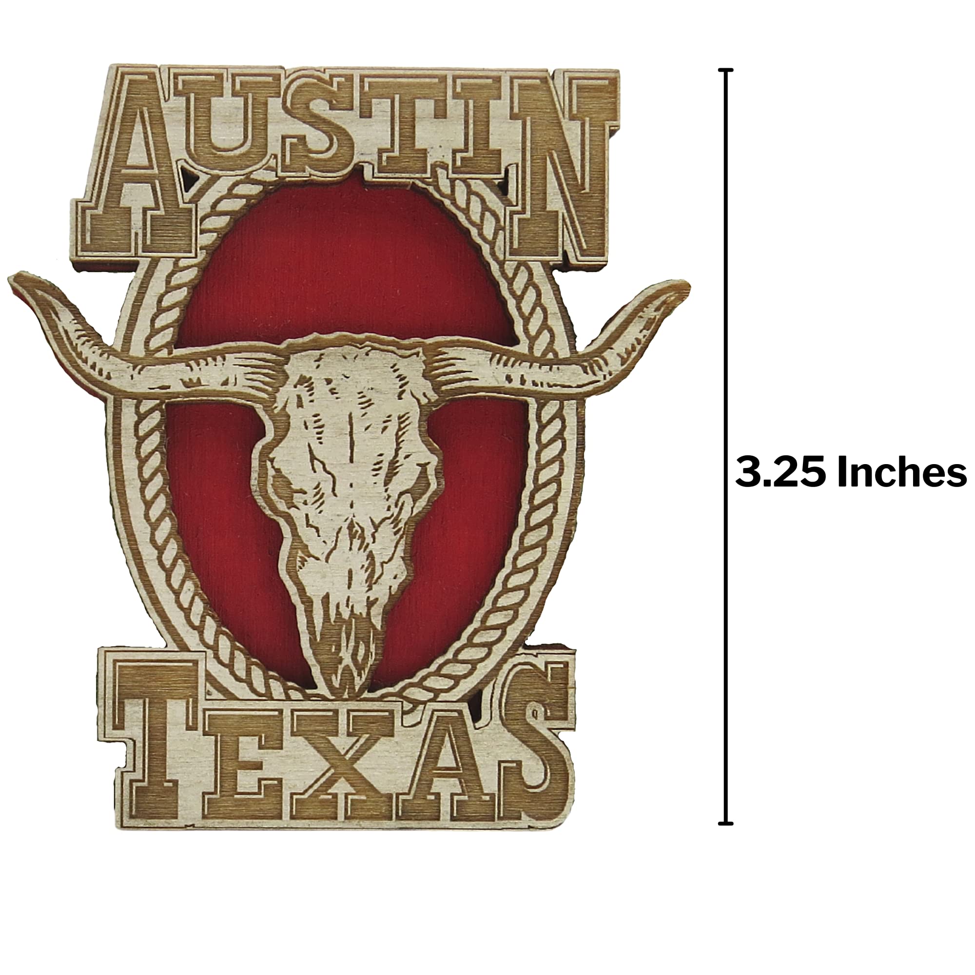 Wooden Austin Texas Bull Skull And Lasso Laser Cut Painted Magnet, Rustic State Souvenir Gifts Or Collectible Accessories For Re