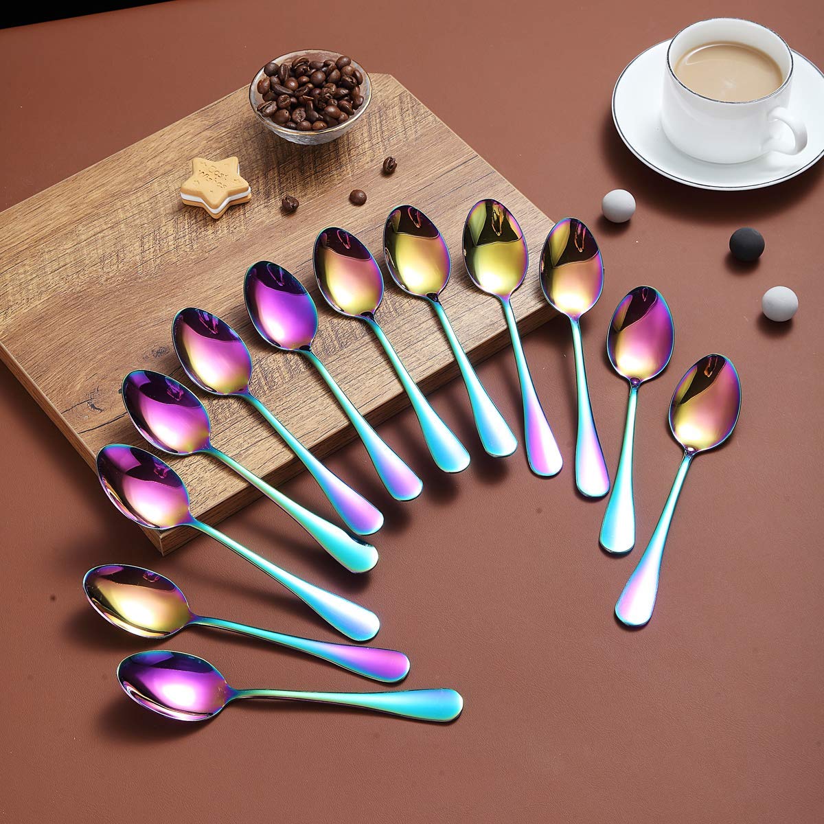 Rainbow Teaspoons 6.5'' Set Of 12, Berglander Stainless Steel Titanium Plating Shiny Mutil-Color Tea Spoons Silverware, Colorful