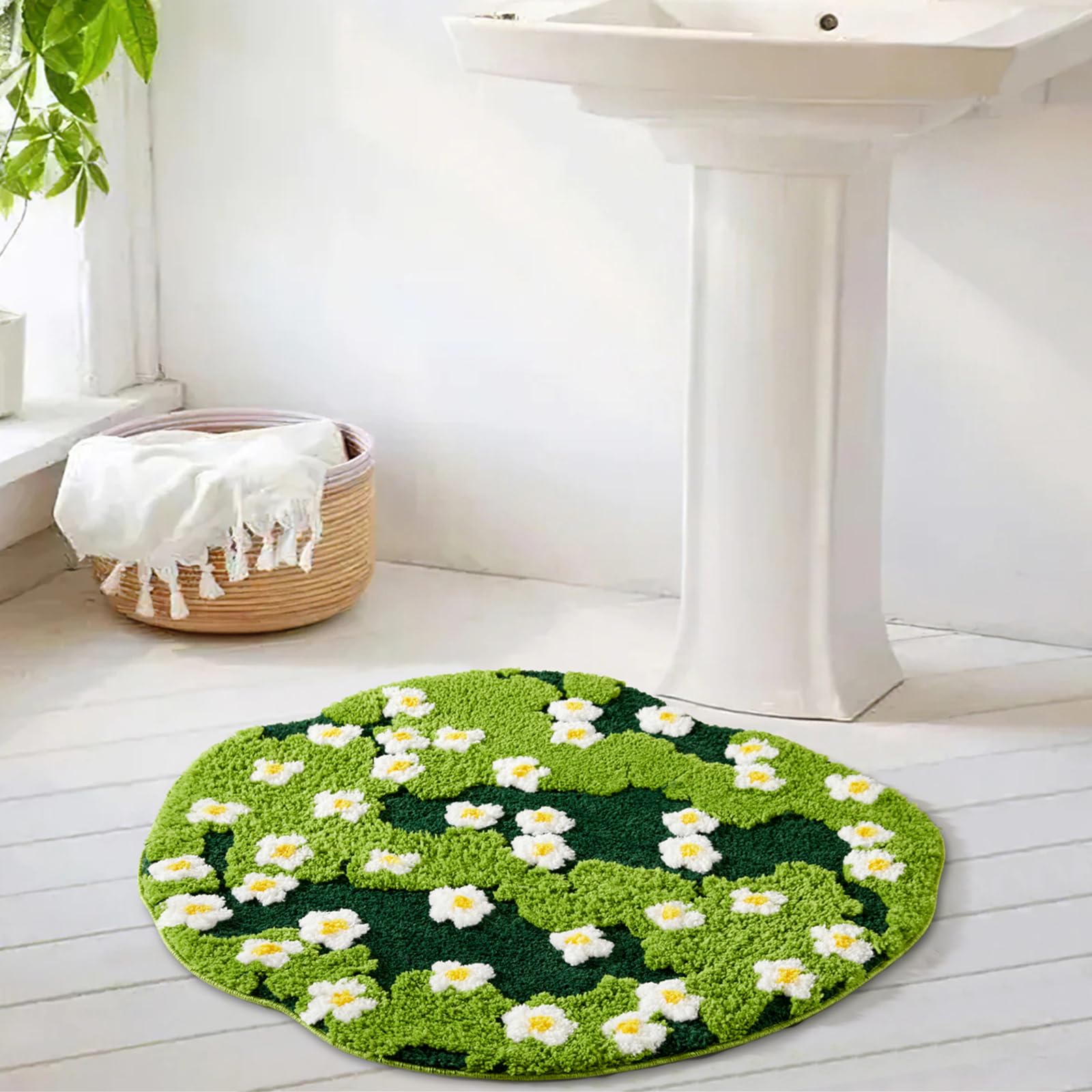 Ouyattle Cute Green Bath Mat Floral Moss Spring Daisy Flower Bathroom Rugs Non Slip Machine Washable Super Absorbent, Irregular