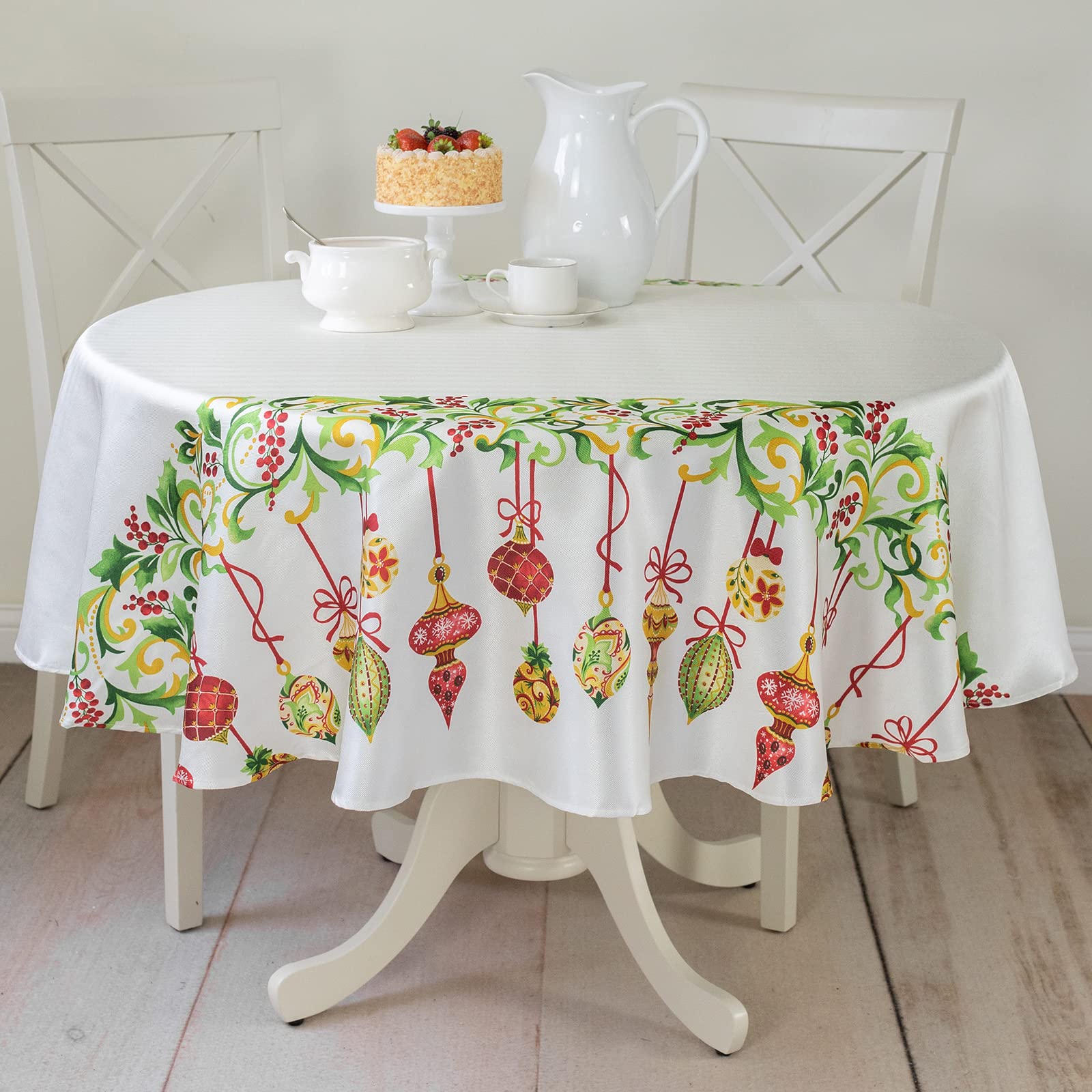 Benson Mills Holiday Trimmings Printed Fabric Table Cloth, Holiday, Winter, And Christmas Tablecloth (70'' Round)