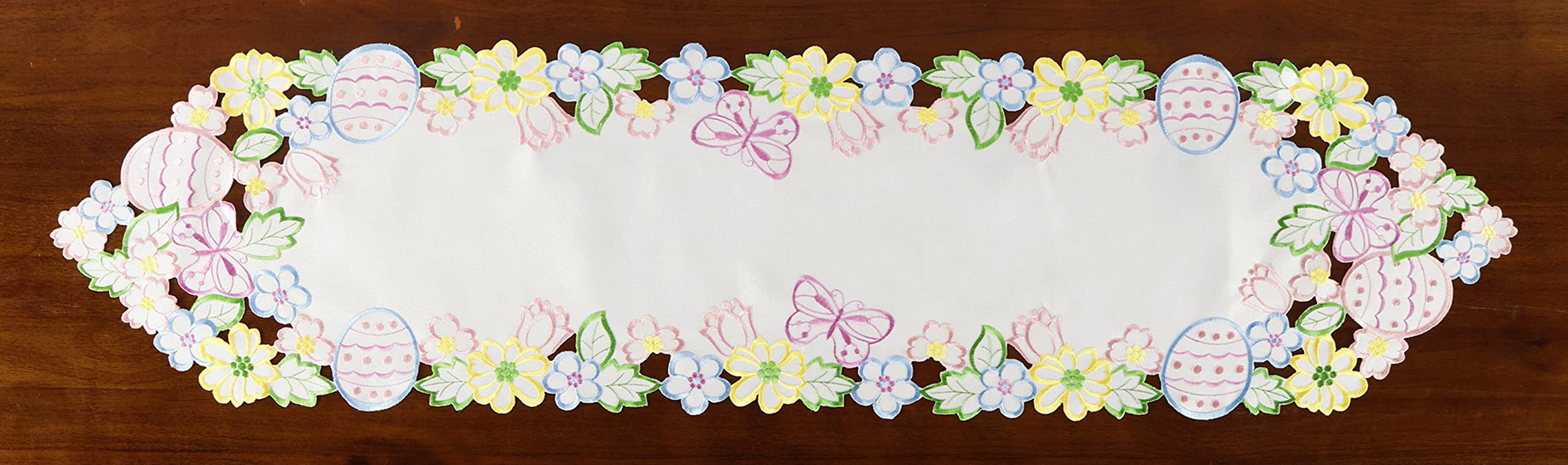 Easter Spring Table Runner Cutwork Embroidered Floral And Eggs Butterflies Dresser Scarf Table Topper Home Kitchen Dining Tablet