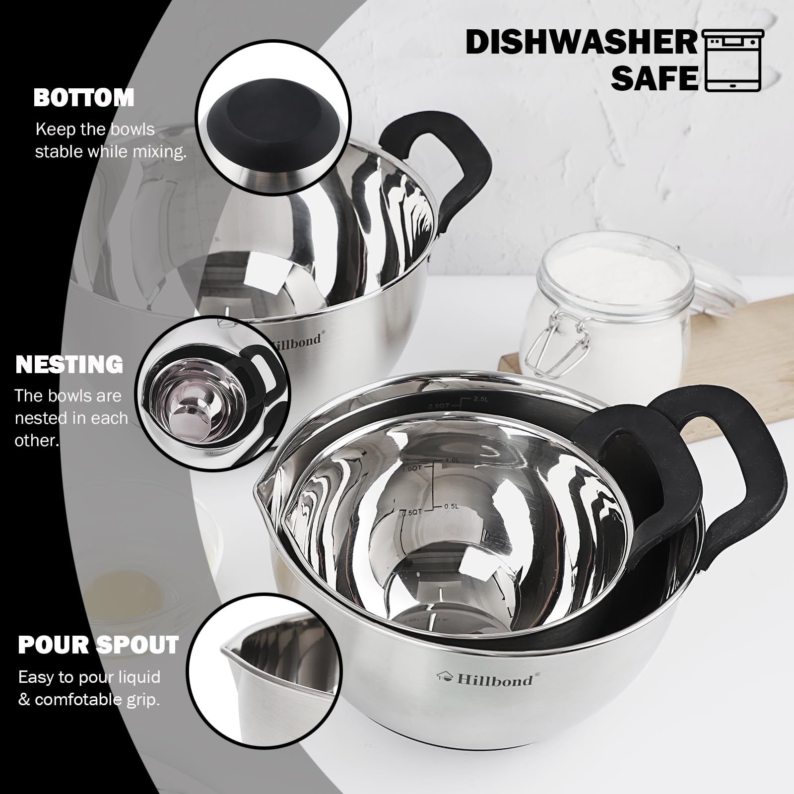Hillbond Stainless Steel Bowls With Lids Set Mixing Bowls With Pour Spout, Silicone Handle And Non-Slip Bottoms For Baking, Cook