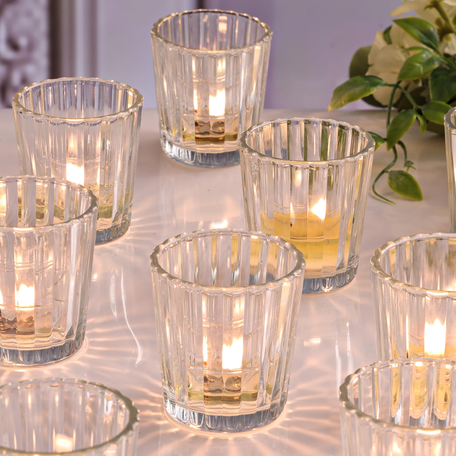 NITIME 8pcs Vintage Ribbed Votive Candle Holders, Glass Candle Holder for Wedding Table Decor, Tea Lights Candle Holder for Tabl