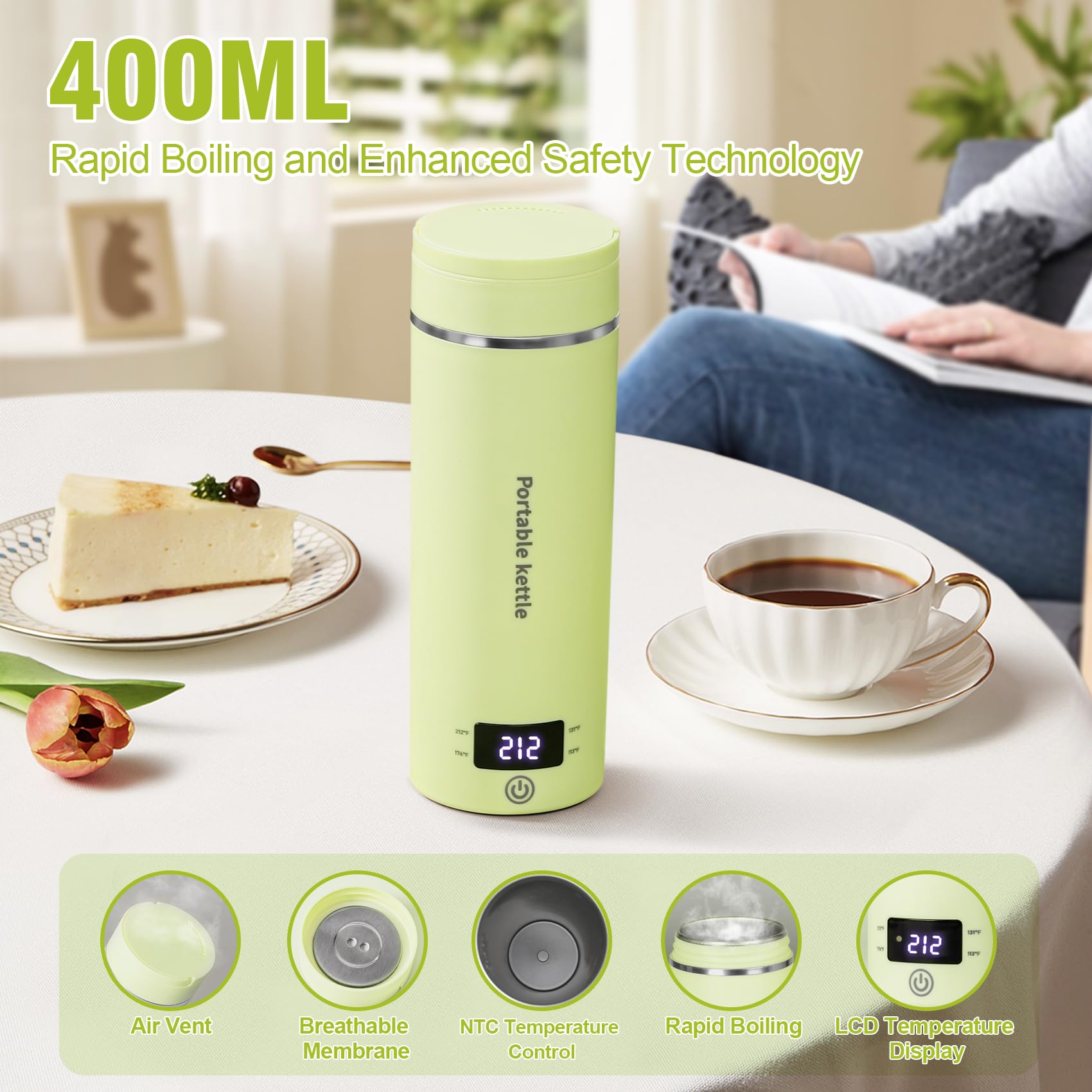 Touxila Travel Electric Kettle, 400ml Mini Hot Water Boiler, 304 Stainless Steel, Green, Fast Boiling with Auto Shut-Off and Boil Dry Protection