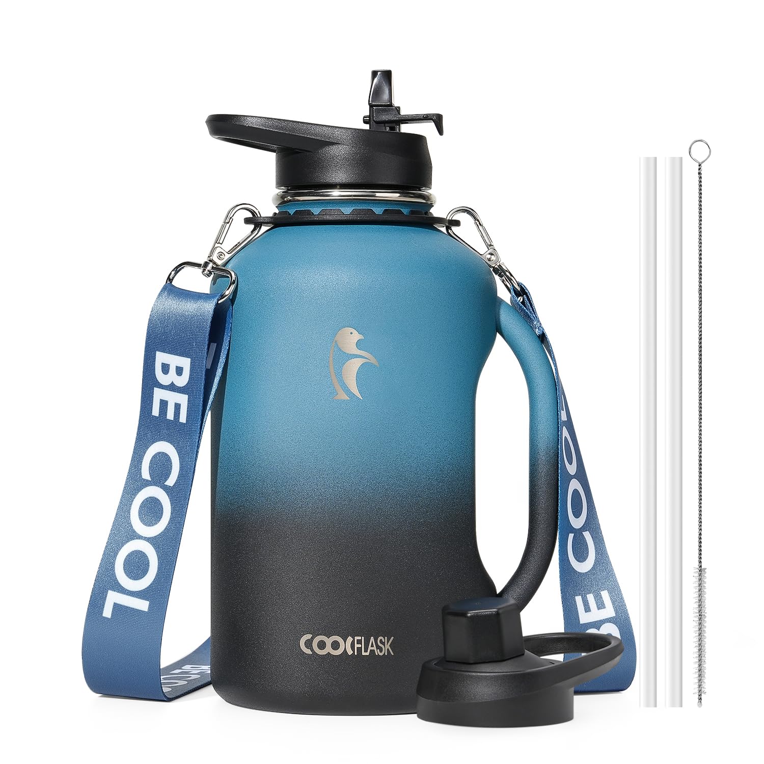 64 oz Water Bottle Insulated with Handle, Coolflask Half Gallon Water Jug With Strap Straw Stainless Steel Double-Walled Vacuum 