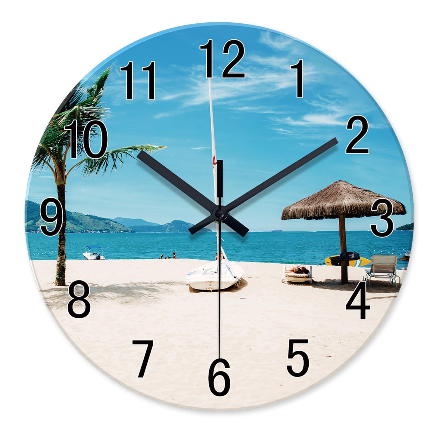 Xfm Glass Large Wall Clocks For Living Room Decor - Blue Nautical Beach Silent Wall Clock 16 Inch - Palm Tree Coastal Wall Clock