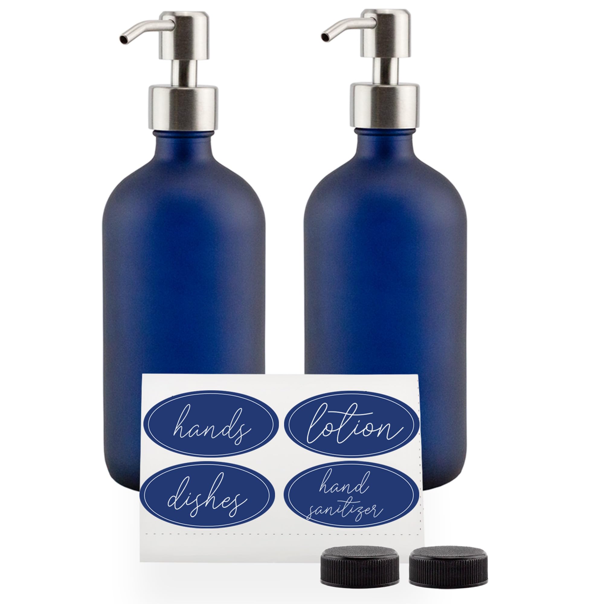 Cornucopia 16Oz Glass Pump Bottles (Set Of 2, Blue W/Silver; Soap Dispenser Pump Bottles With Brushed Metal Pump Tops