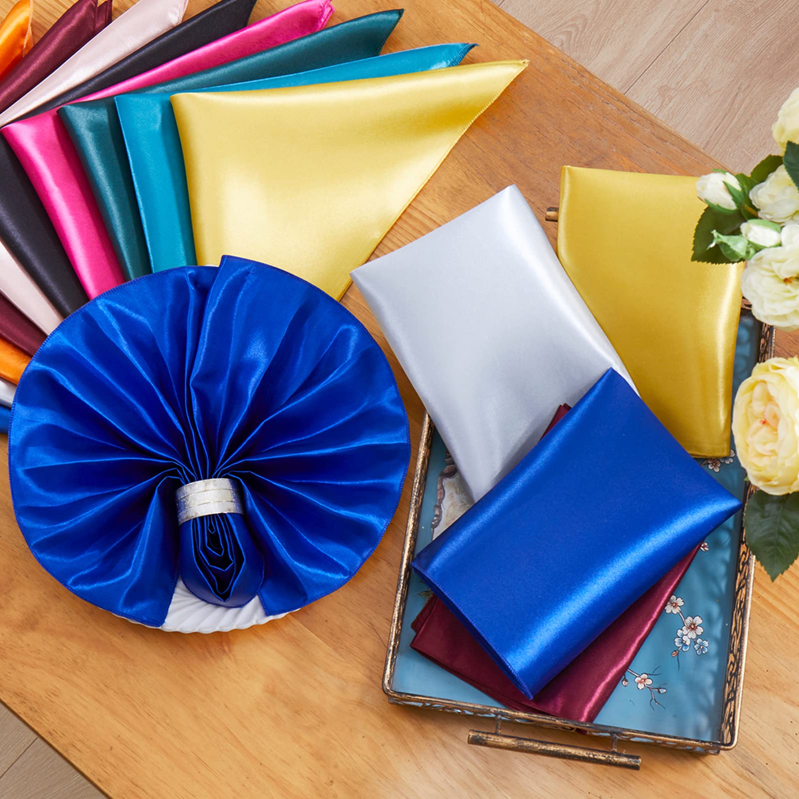 Aormenzy 60 Pack Royal Blue Satin Napkins 17 X 17 Silky Napkins, Party Cloth Napkins Square Satin Napkins, Dining Table Napkins