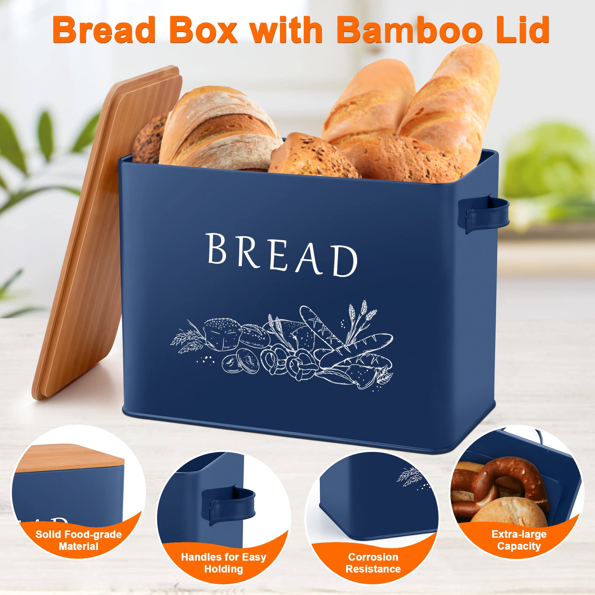 Lianyu Navy Blue Bread Box With Bamboo Cutting Board Lid, Large Farmhouse Metal Bread Storage Container For Kitchen Countertop,