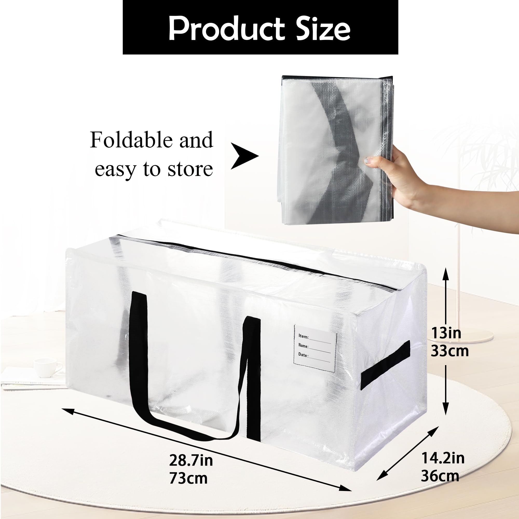 Jcbzamz 6 Pcs Clear Large Moving Bags,Storage Bags With Black Strudy Side Handles &Tag Pocket, 28.7'' X 14.2''X13''Clothes Stora