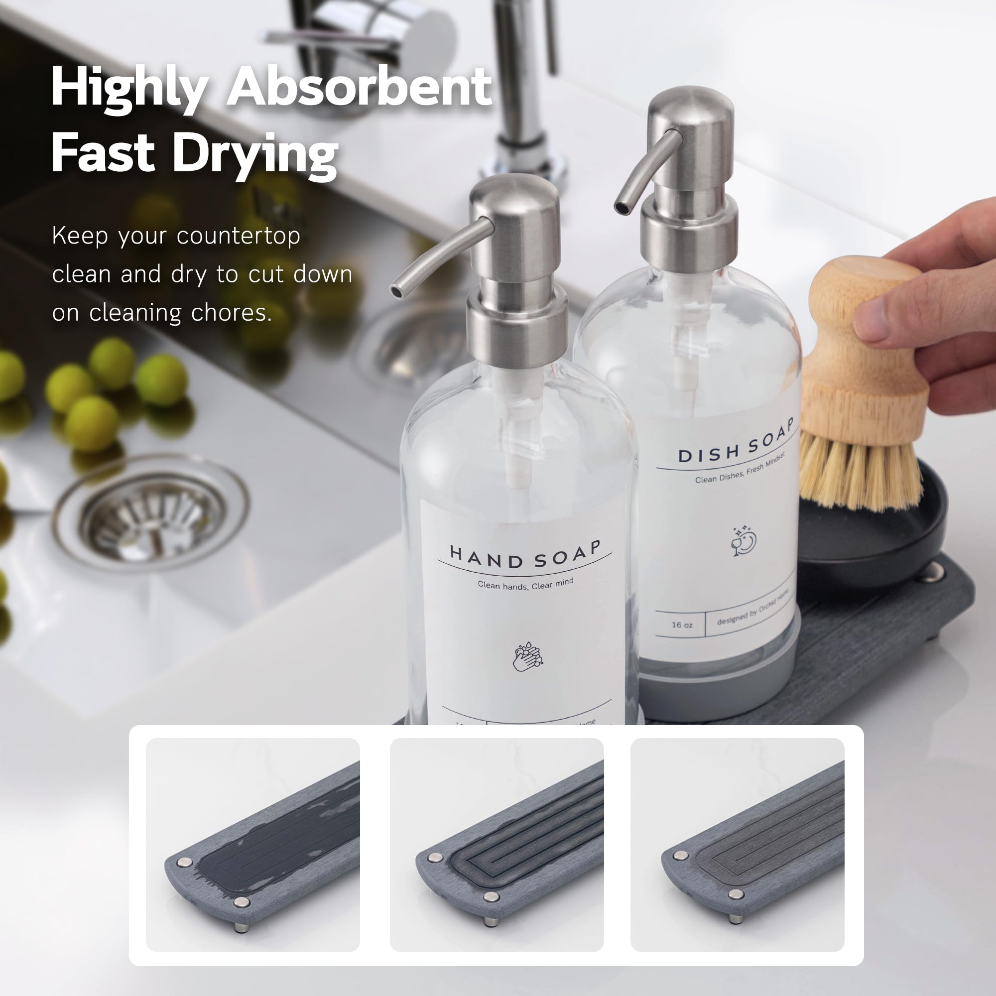 [Luxury] Kitchen Soap Dispenser Set - 16Oz Clear Glass Bottle, Stainless Steel Pump, Instant Dry Tray, Waterproof Labels, Non-Sl