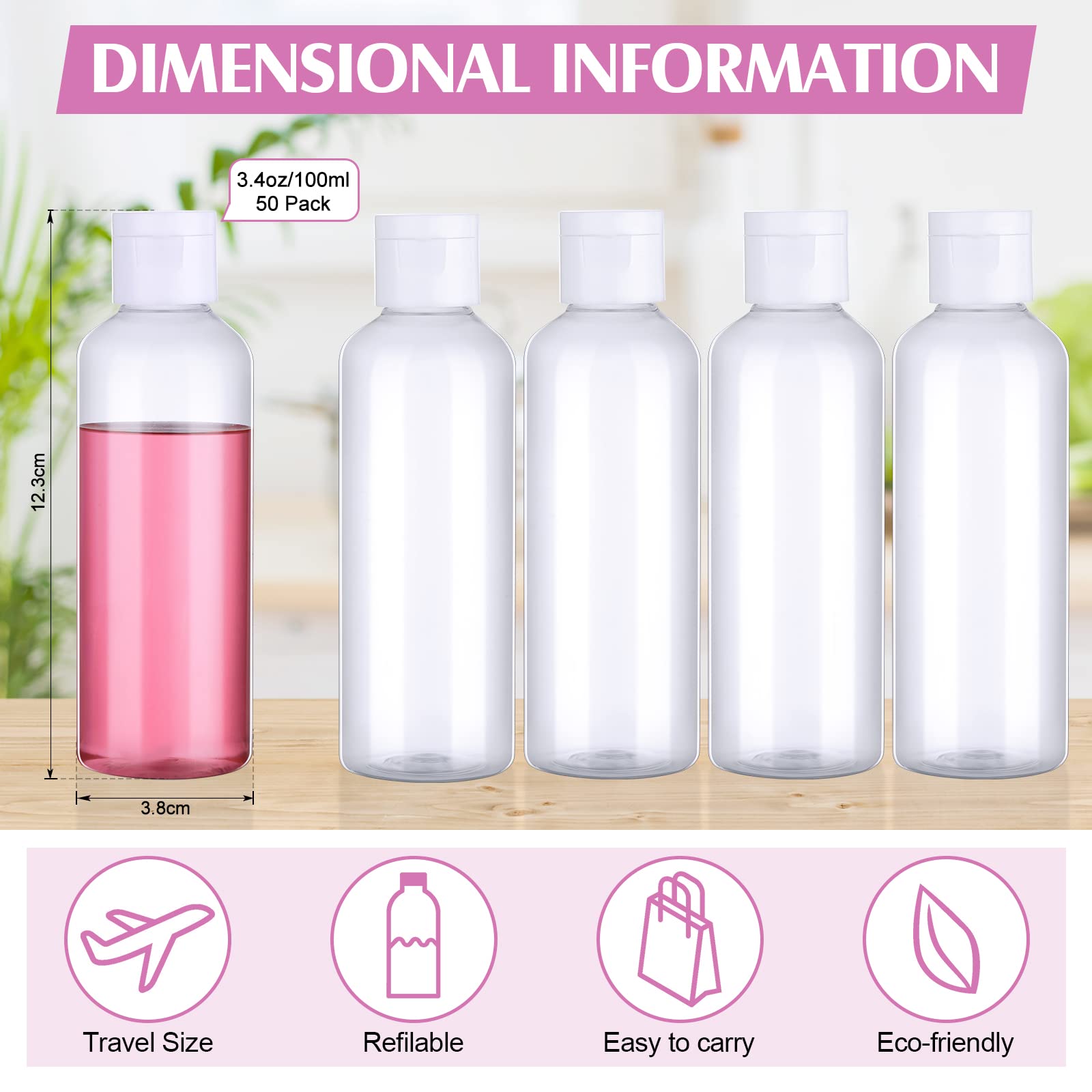 50 Piece 3.4 Oz Travel Bottles With Flip Cap Clear Plastic Empty Bottles Refillable Flip Cover Dispensing Squeeze Bottles With 2