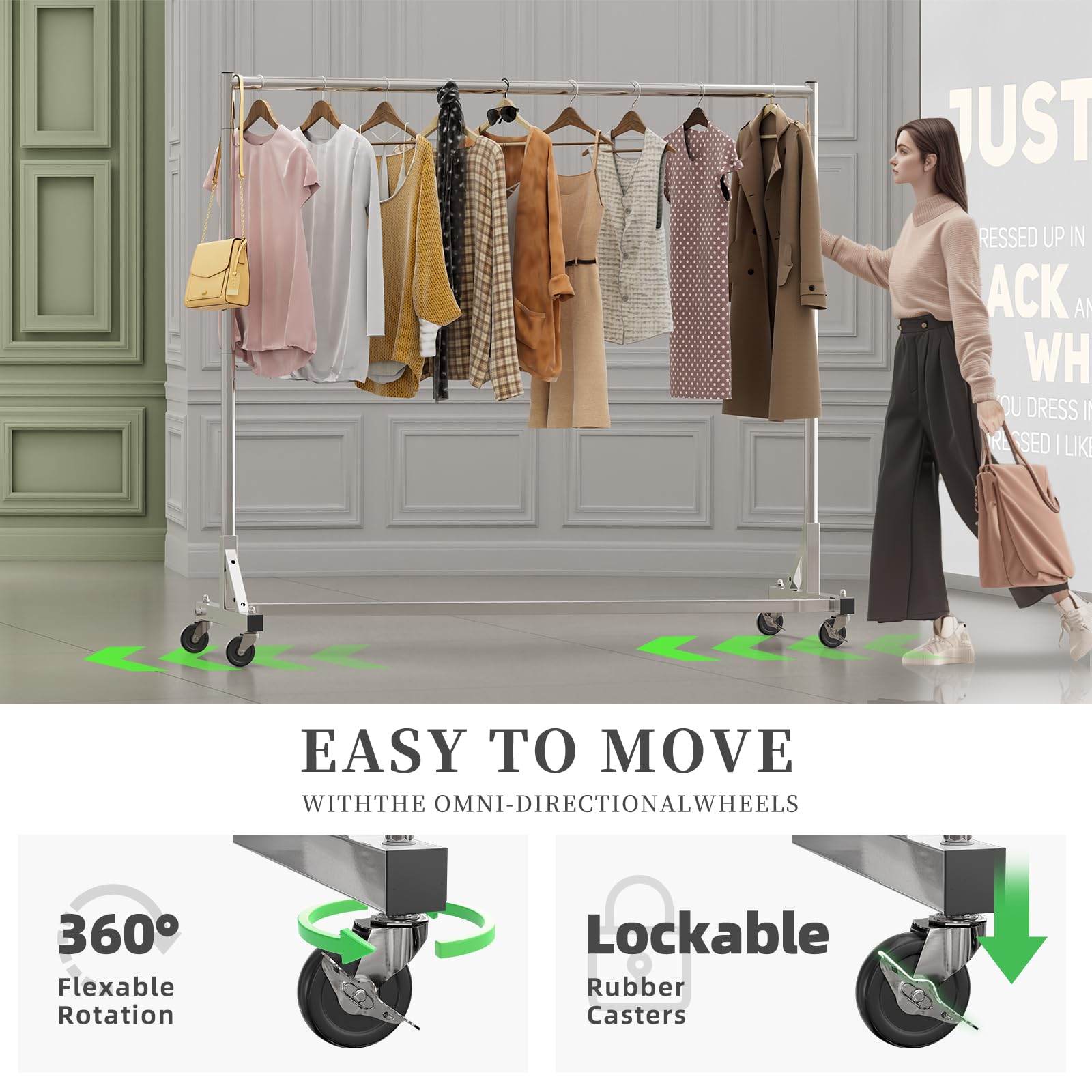 Simple Trending Industrial Grade Z Base 70In Extra Long Clothes Garment Rack, Commercial Grade Rolling Clothing Rack, Heavy Duty