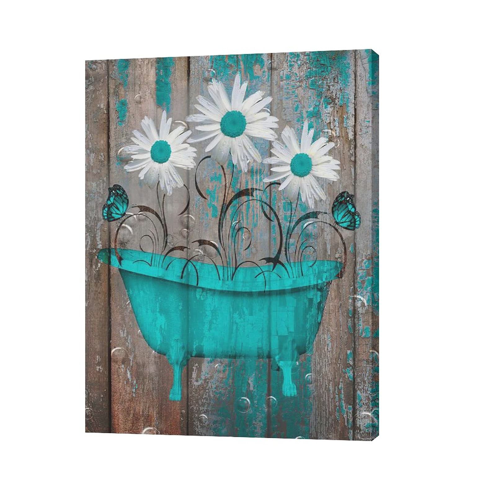 Citari Rustic Teal Brown Farmhouse Bathroom Decor Daisy Flowers Butterflies Vintage Bathtub Country Bath Wall Art Matted Picture