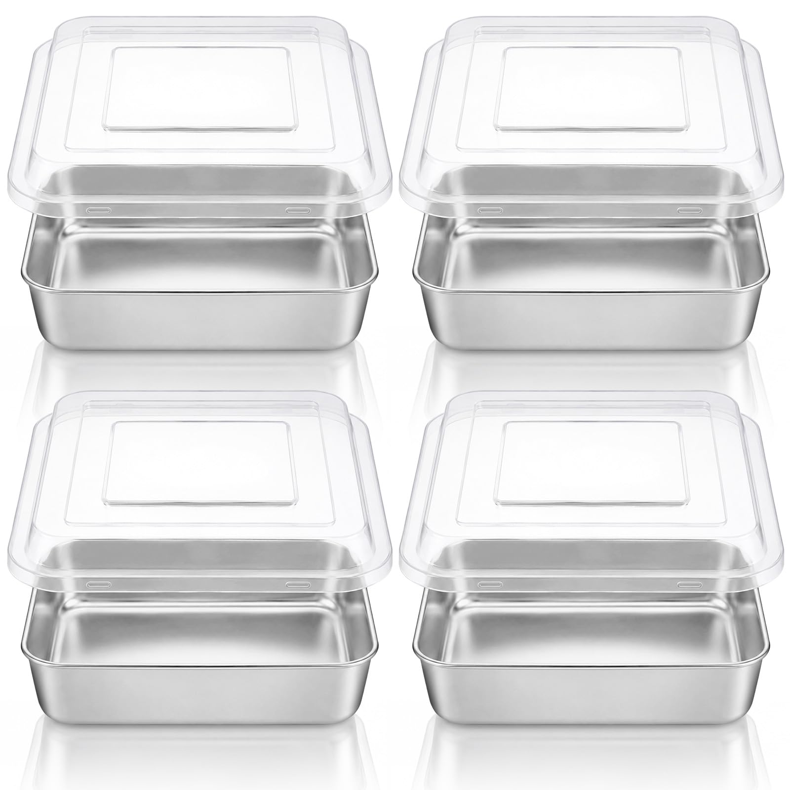 Didaey 4 Pack 8 x 8 Inch Square Cake Pan with Lid, Stainless Steel Pan Cake Brownie Baking Tray Food Grade Bakeware for Meal Pre
