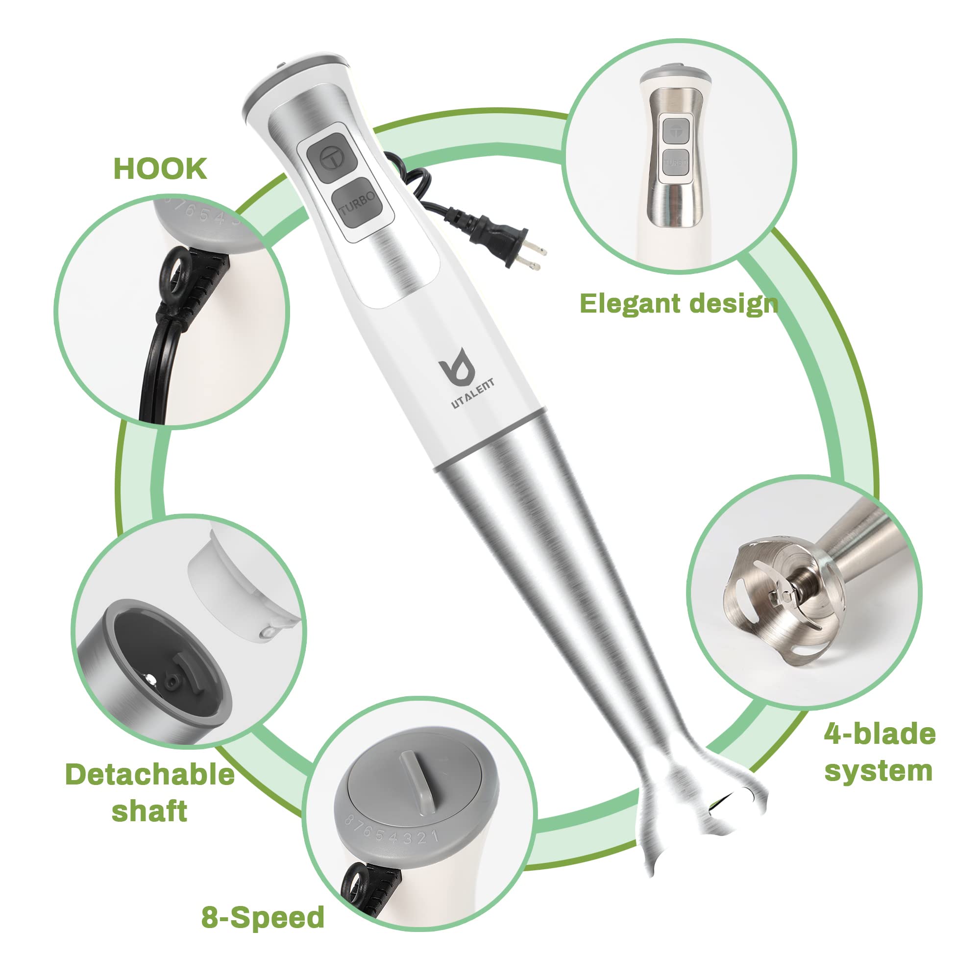 Immersion Hand Blender  UTALENT 3-in-1 8-Speed Stick Blender with Milk Frother  Egg Whisk for Smoothies  Coffee Milk Foam  Puree Baby Food  Sauces and Soups - White