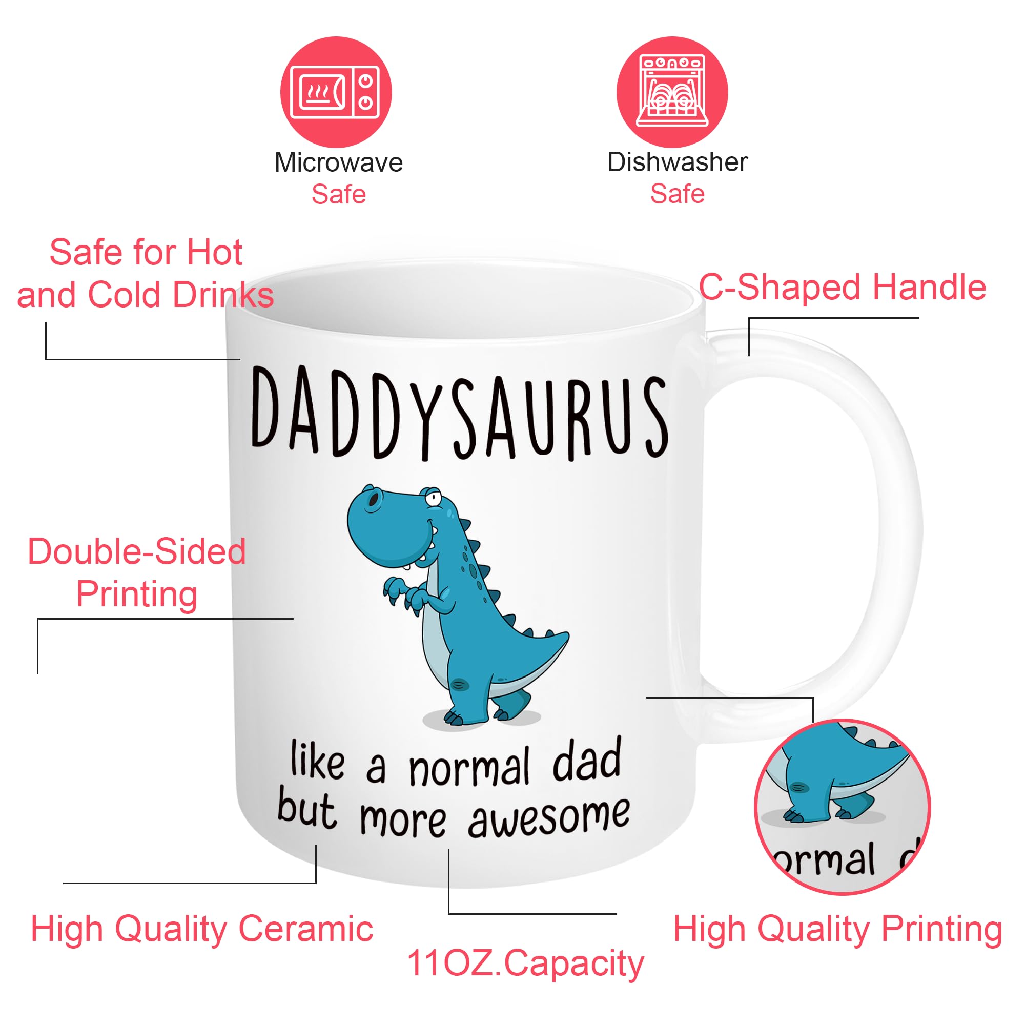 Gossby DADDYSAURUS Coffee Mug for Dad - Funny Gifts for Dad from Daughter, Son, Kid - 11oz T-rex Daddy Mug - Fathers Day, Christ