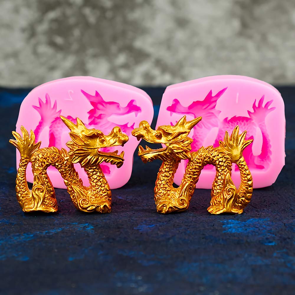 2Pcs/Set 3D Dragon Fondant Mold Chinese Zodiac Dragon Silicone Gum Paste Sugar Craft Mold For Cake Cupcake Topper Decorating Too