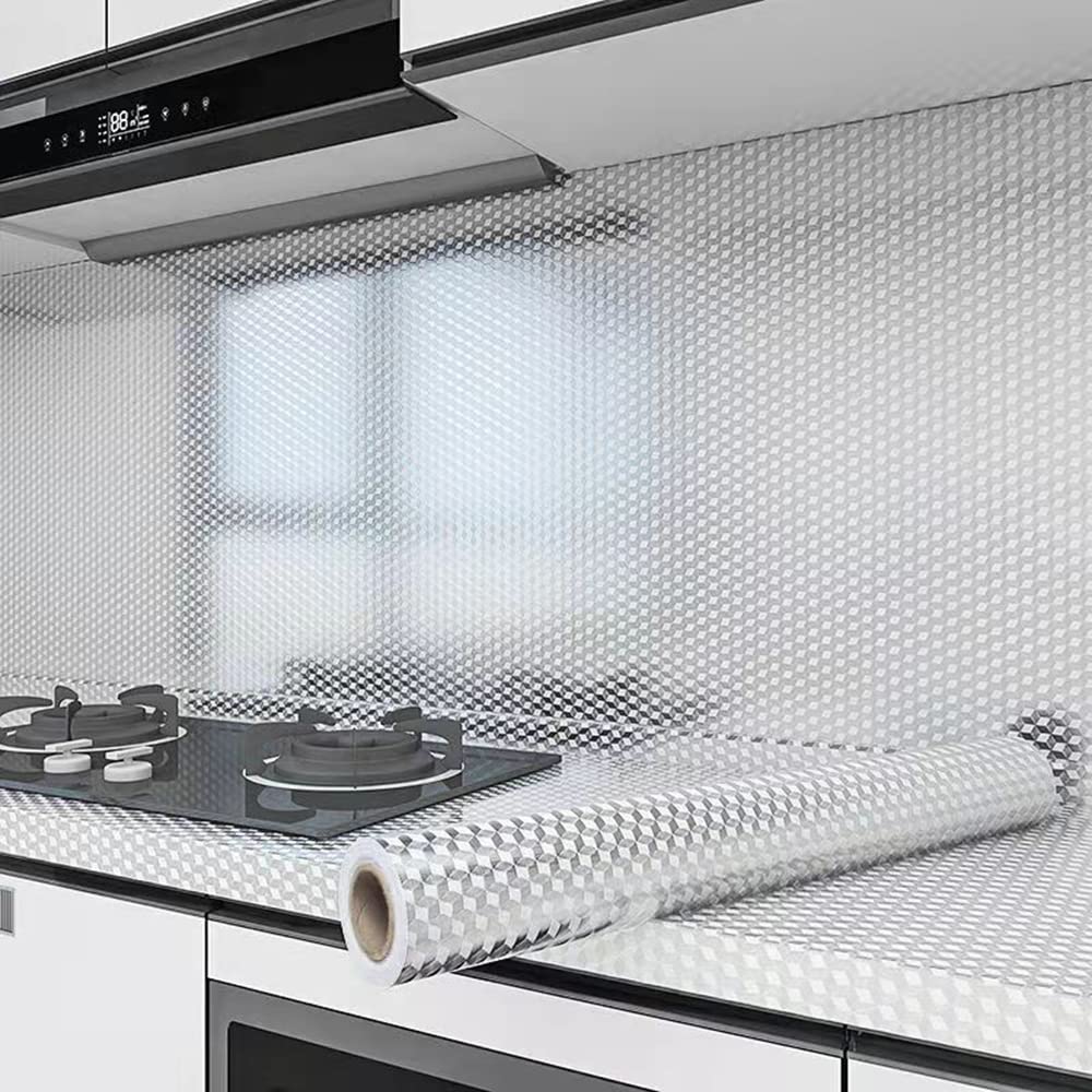 Kitchen Waterproof Oil Proof Aluminum Foil Sticker, Silver Chequer Peel And Stick Wallpaper Removable And Self Adhesive Paper Fo