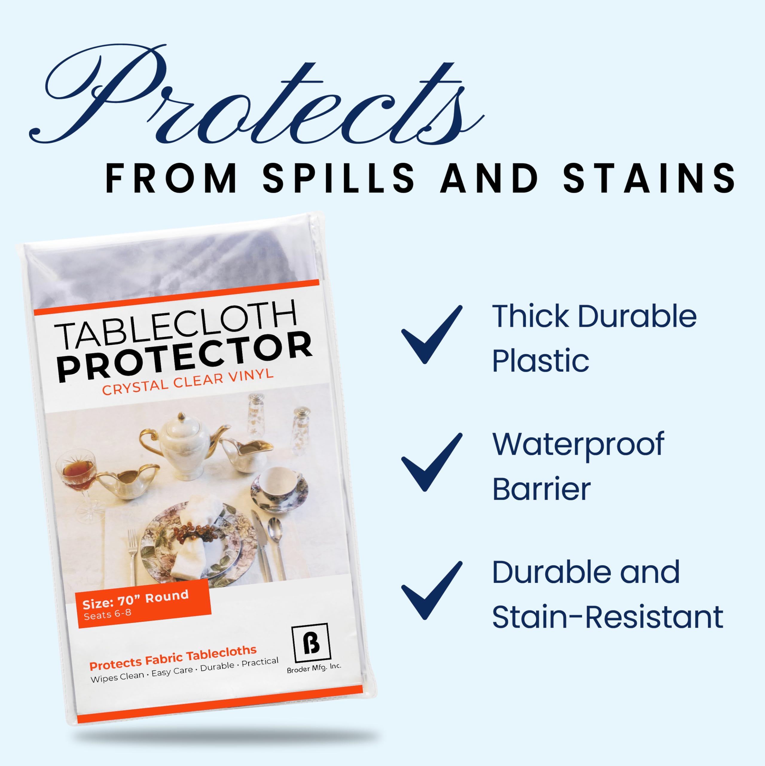 Broder Mfg. Inc. Tablecloth Protector Crystal Clear Vinyl (70 Round) | Thick, Durable Clear Table/Tablecloth Protector | Perfe