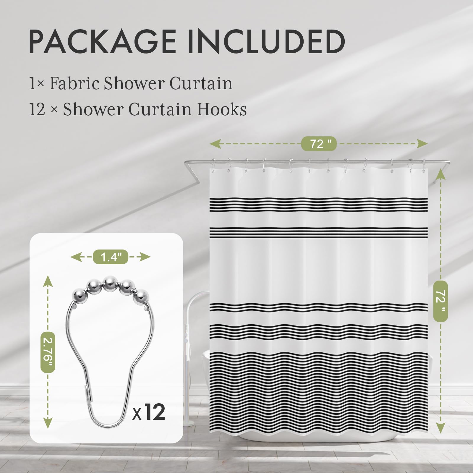 AmazerBath Shower Curtain Sets  Washable Cloth Black Shower Curtain with 12 Hooks  Fabric Rustic Black and White Striped Farmhouse Bathroom Shower Curtain  72x72 Inches